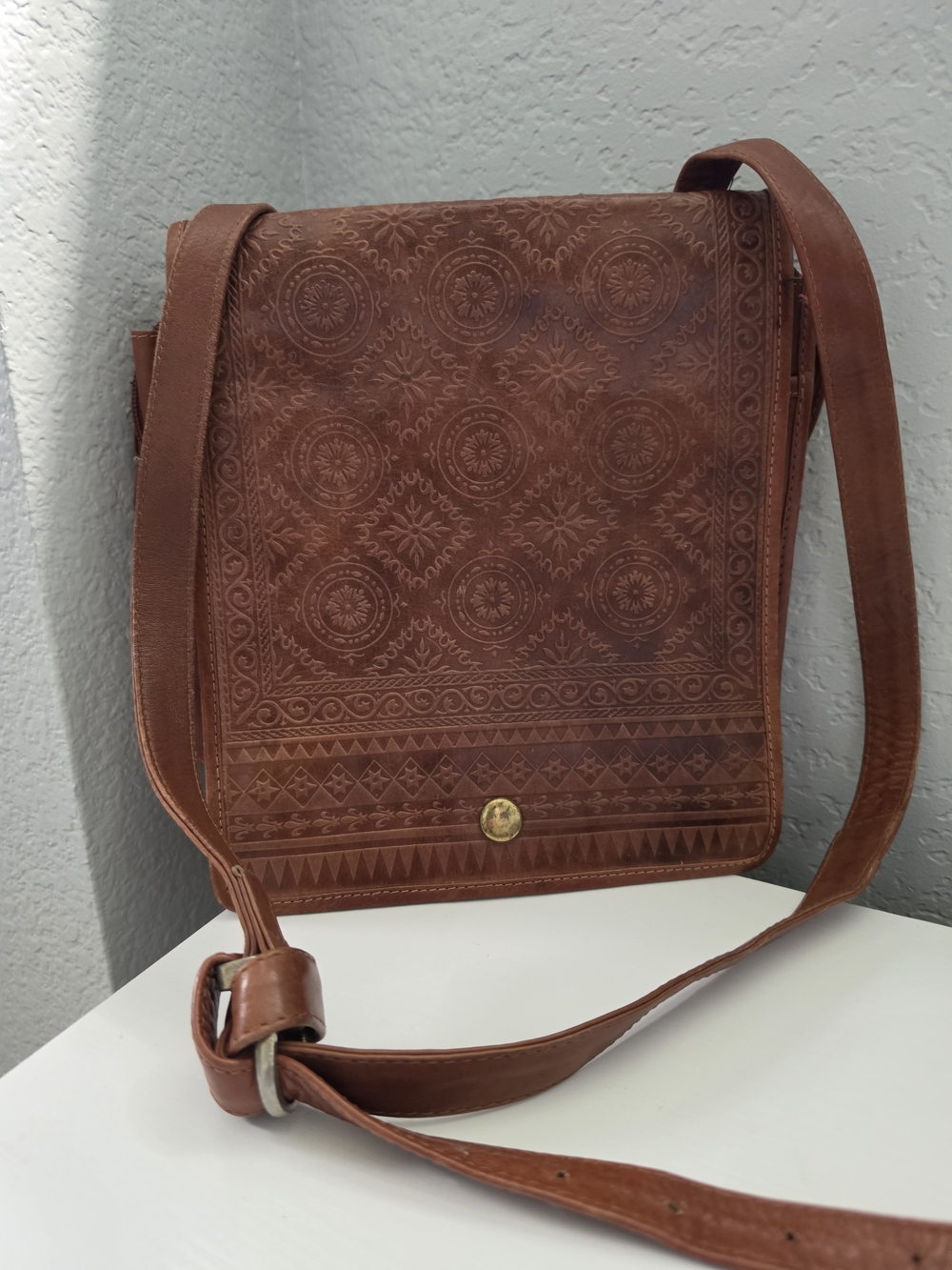 Kenneth Cole Brown Embossed Leather Crossbody Bag
